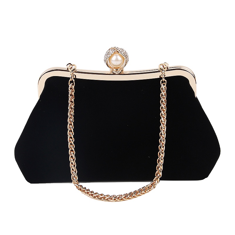 Female Diamond Pearl Handbag Vintage Crystal Clutch Bag （Black）