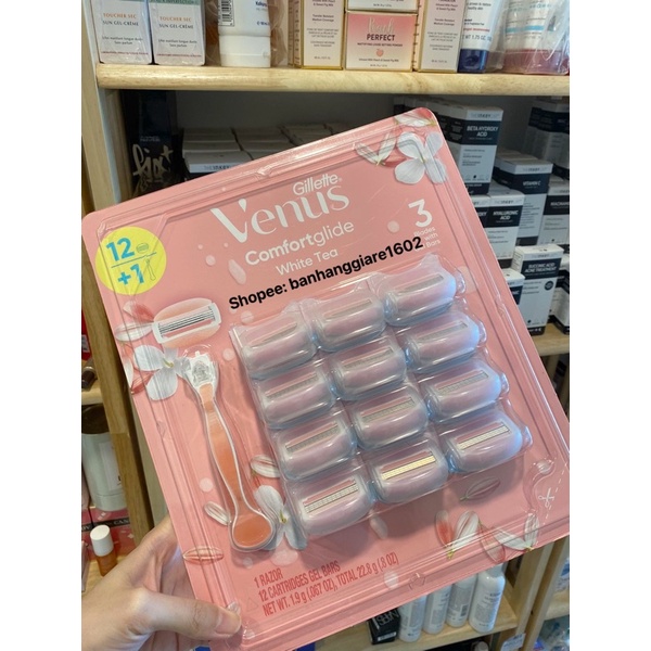 Set dao cạo Venus Gillette Venus Comfort Glide White Tea 3 đầu gồm 12 đầu thay và 1 thân (Hàng Mỹ)