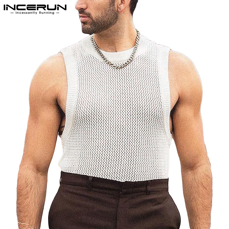 Áo ba lỗ INCERUN màu trắng xuyên thấu phong cách thời trang mùa hè cho nam
