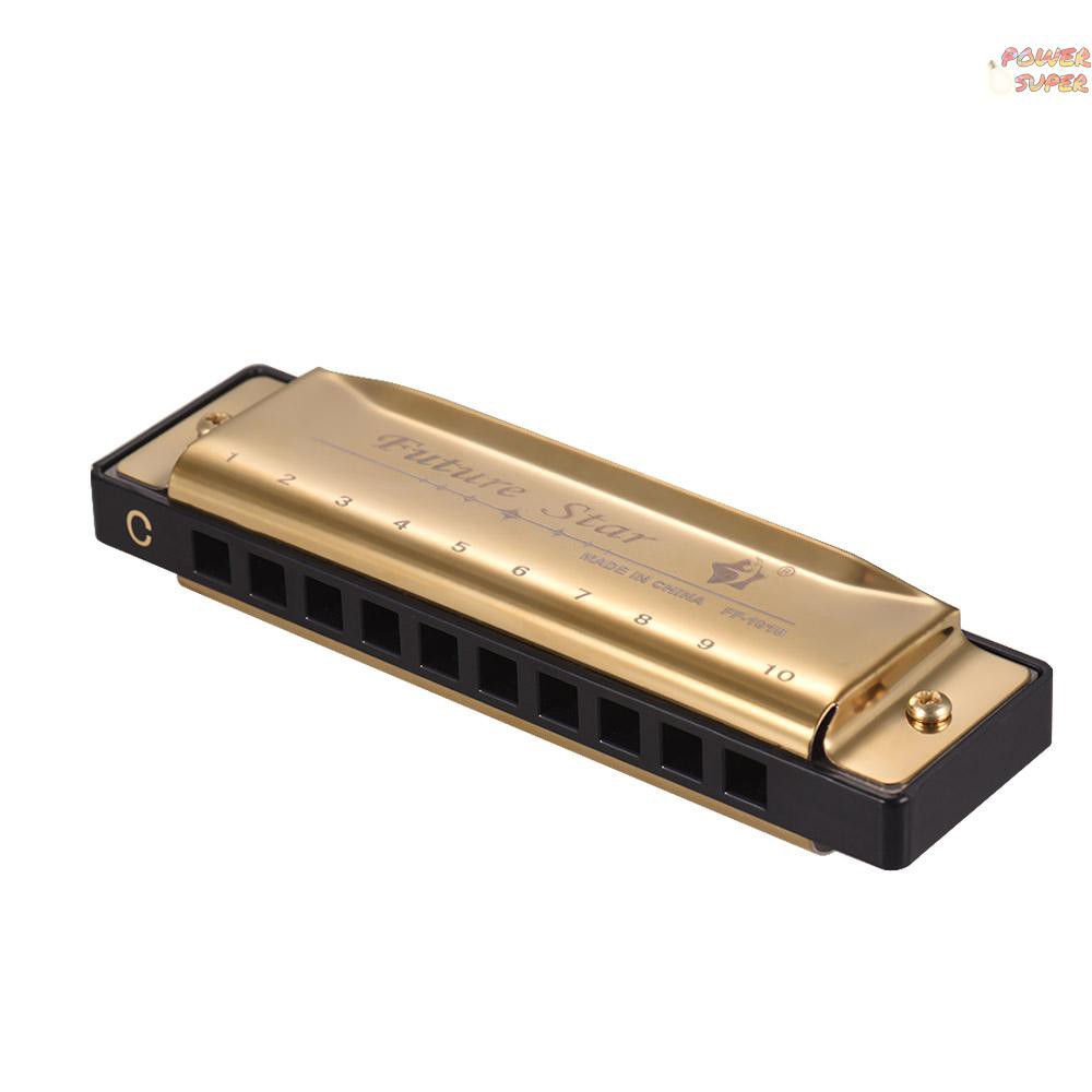 PSUPER Key of C Diatonic Harmonica Mouthorgan with ABS Reeds Mirror Surface Design 10 Holes Blues Harmonica Perfect for Beginners Professional Students Kid Gold