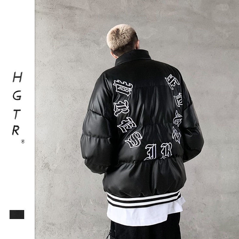 Áo khoác phao da PU chữ thêu trước ngực và sau lưng 2 màu Đen - Trắng 🔥🔥🔥