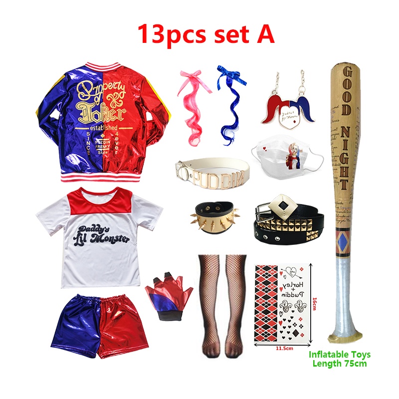 Harley Quinn trang phục cosplay Halloween trẻ em cô gái Suicide Squad áo thun quần short tóc giả lễ hội trang phục