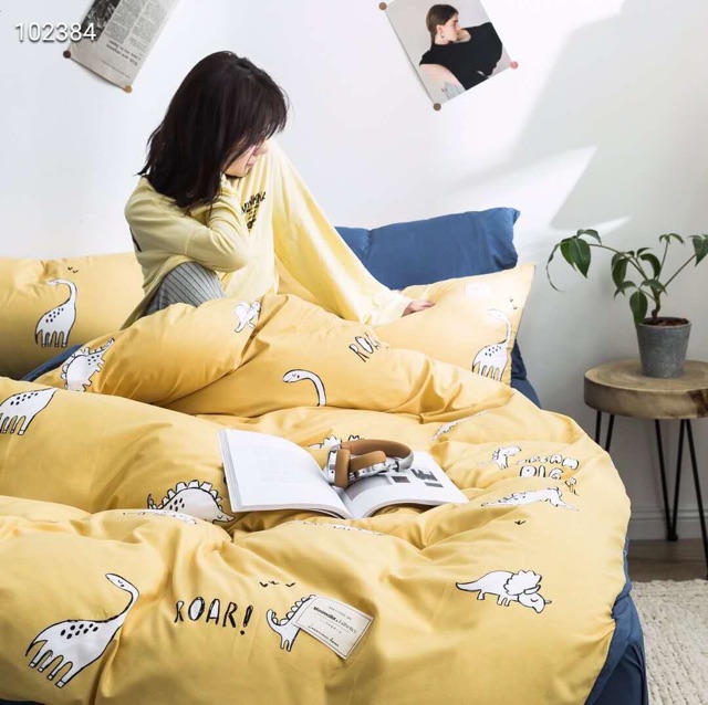 Bộ chăn ga Cotton hoạt tính - Khung long vàng.