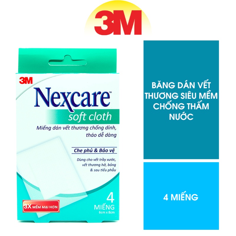 Băng dán bảo vệ vết thương vải mềm Nexcare 3M 6X8cm hộp 4 miếng, siêu dính, chống thấm nước B300 XA01091538