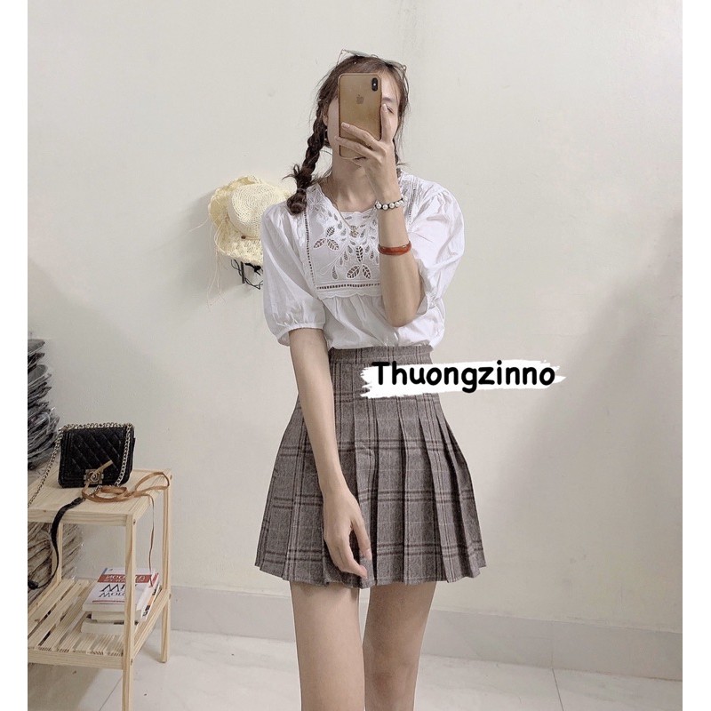 [Ảnh thật/Video] Áo sơ mi trắnh cổ thêu hoa tay bồng nhẹ nhàng kiểu dấng Hàn Quốc