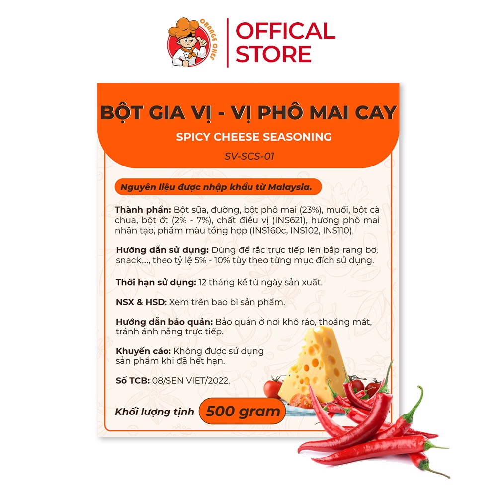 Bột Gia Vị Phô Mai Cay Spicy Cheese Seasoning - Orange Chef 500g Túi
