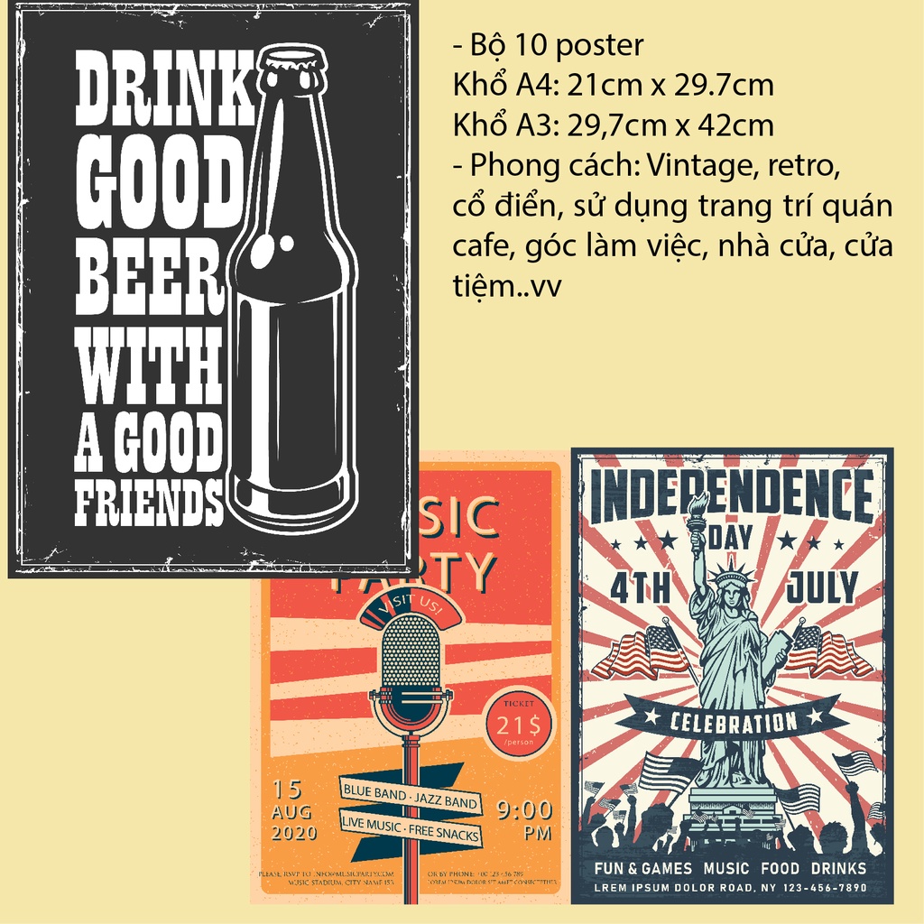 Bộ 10 tấm poster vintage trang trí vol2, poster retro dán tường khổ a4, A3 thiết kế cổ điển Phần 2