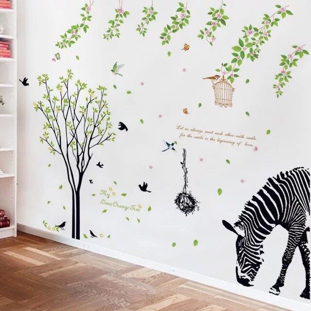 BỘ COMBO DECAL GHÉP ĐÔI dán tường - Thân Cây Chim Đen kết hợp Ngựa Vằn và dây leo hoa lá ( 3 TẤM )