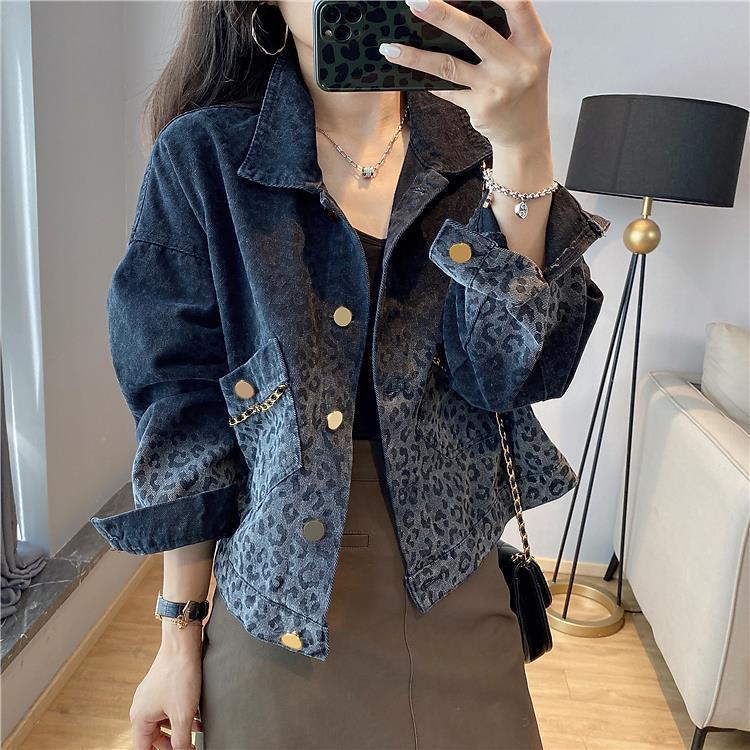 Áo Khoác Denim Dài Tay Dáng Rộng Họa Tiết Da Báo Cá Tính Theo Phong Cách Hàn Quốc