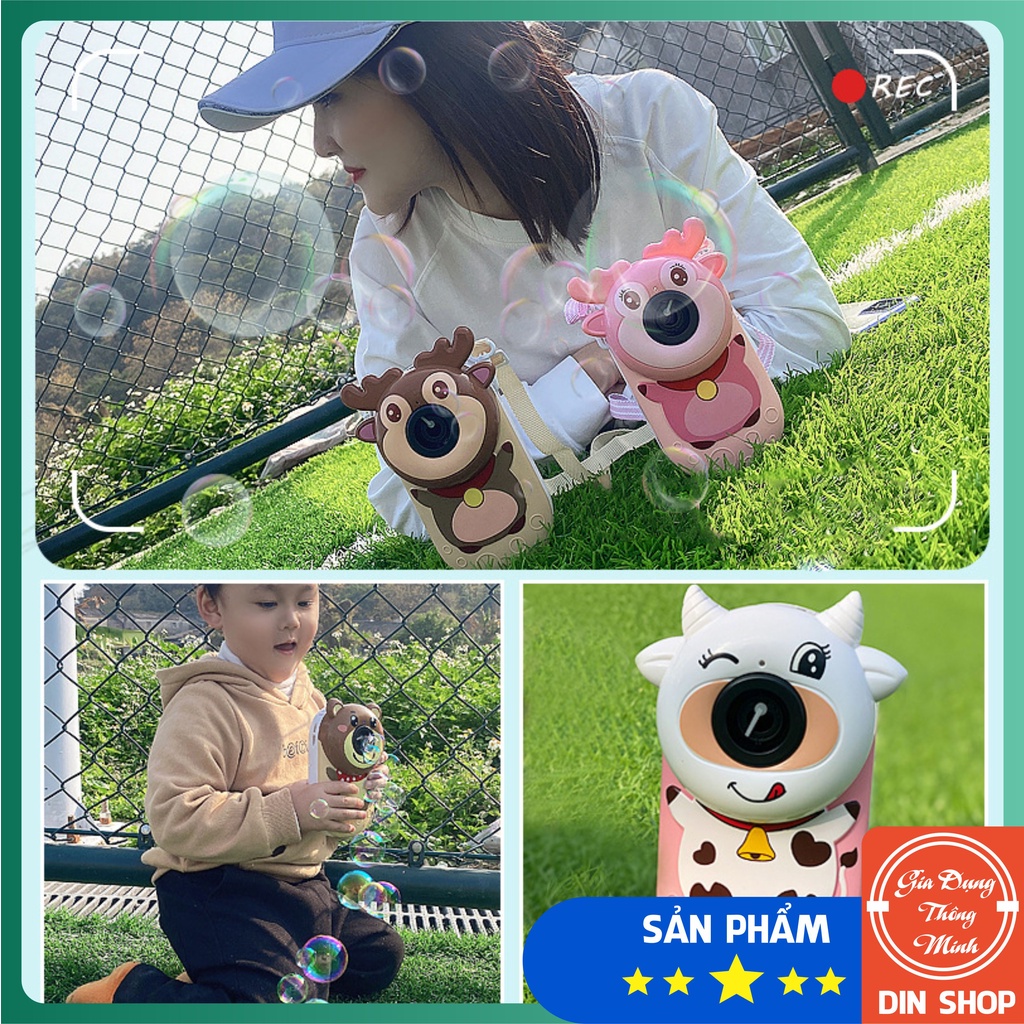 Máy thổi bong bóng tự động có đèn có nhạc 💖SIÊU CUTE💖 Máy ảnh bong bóng hình thú đáng yêu kèm xà phòng và dây đeo DIN