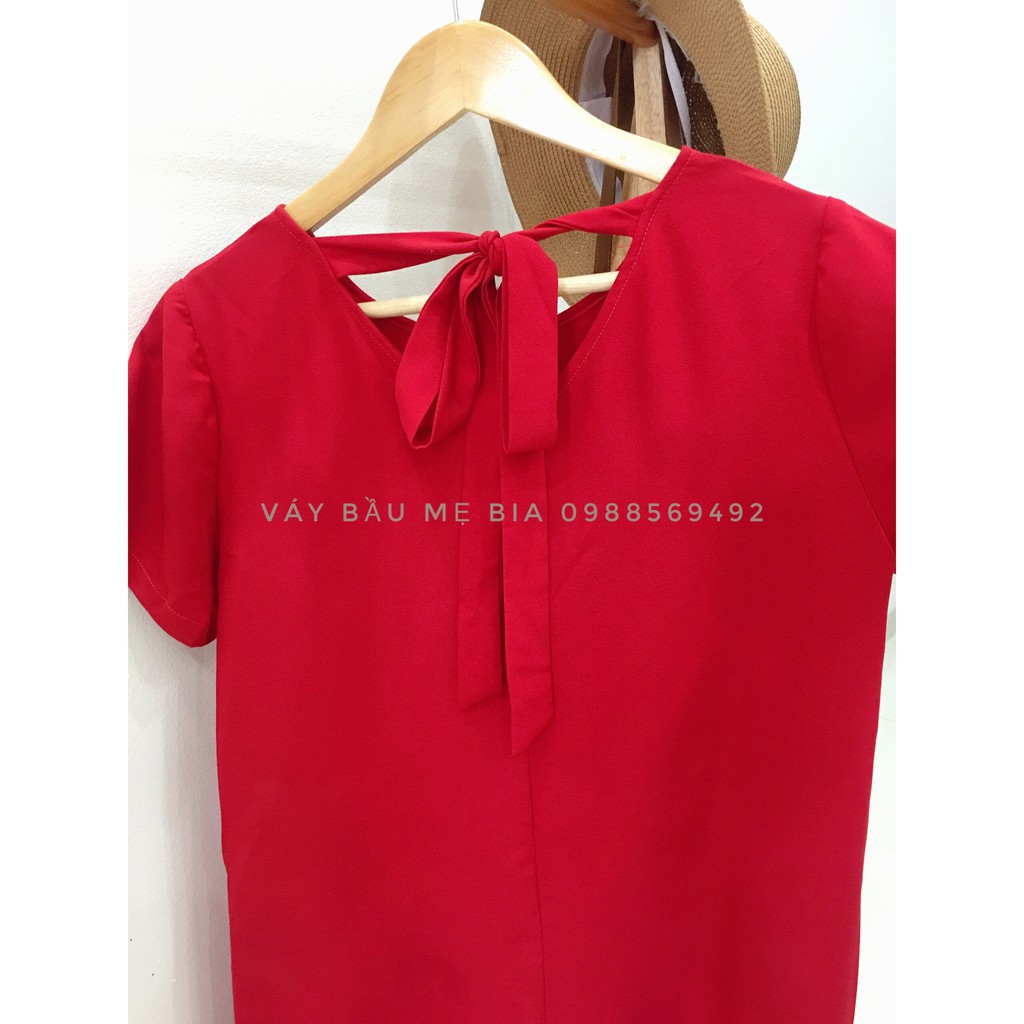 Đầm Bầu Công Sở - Váy Bầu GUME màu Đỏ dáng Đuôi Cá Xếp Ly Nơ Lưng chất vải sạn lụa size từ 40-100kg- MB68