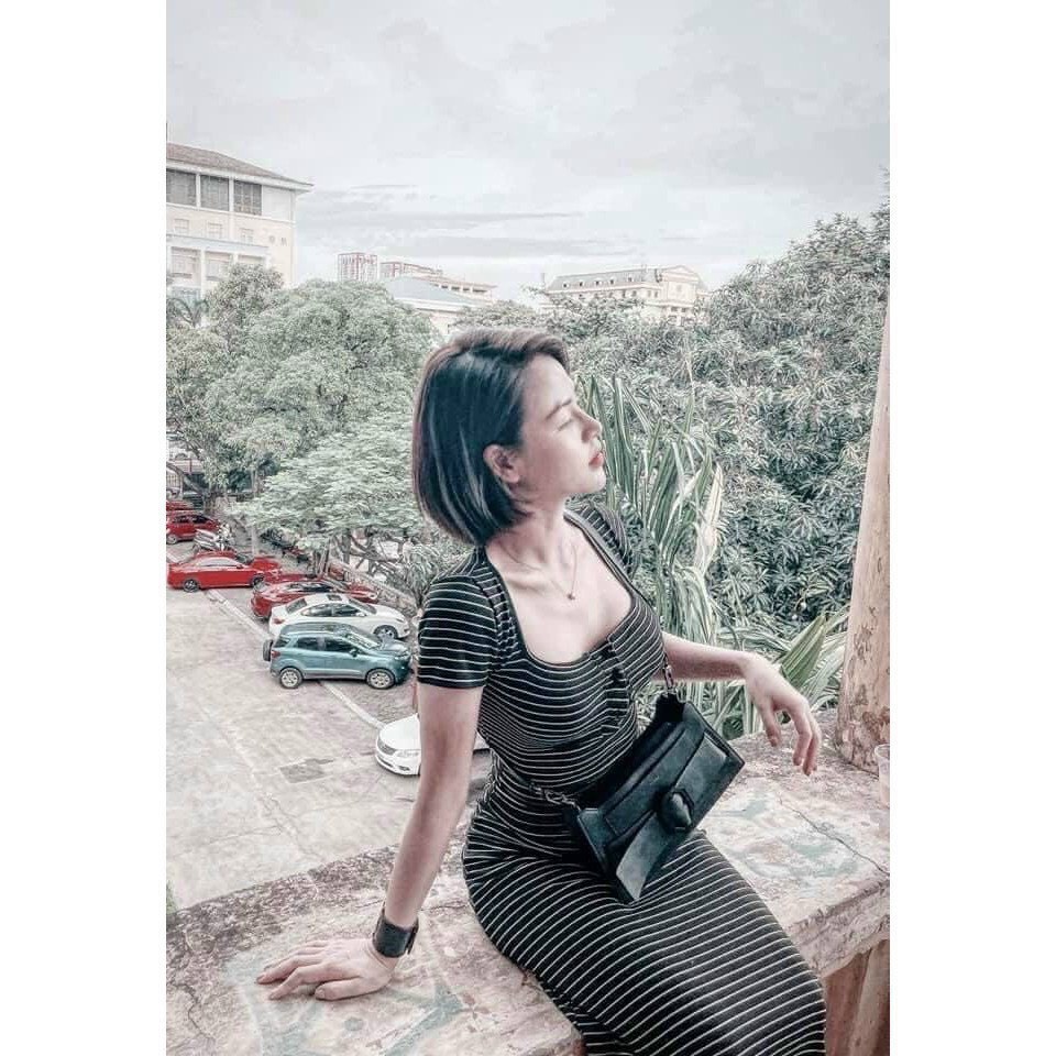 đầm cổ vuông cài nút tay ngắn kẻ sọc xinh dáng dài