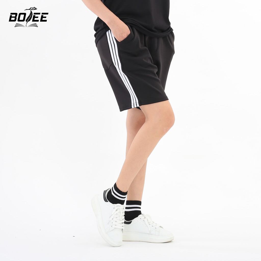Quần short thun Đen 3 sọc unsiex chất poly co giãn mạnh thể thao tập gym