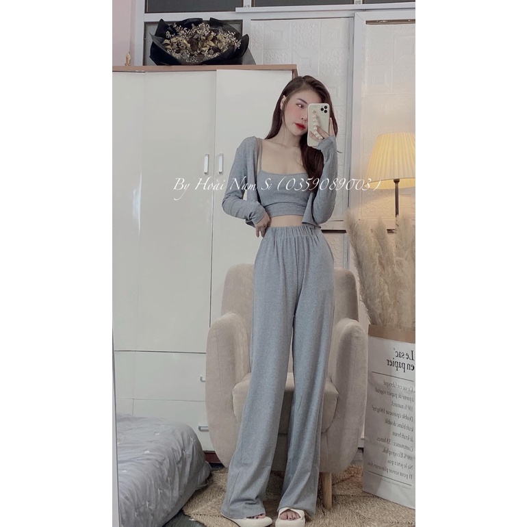 Set 3 món len tăm cúc bọc quần ống suông siêu hot DN345