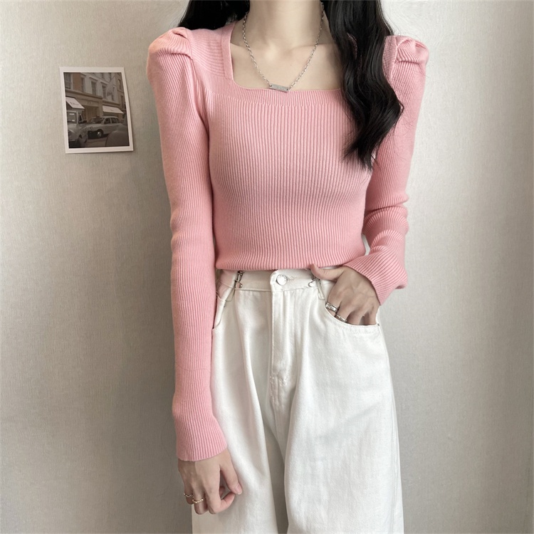 622549 Áo Sweater Dệt Kim Cổ Vuông Tay Phồng Ngắn Màu Đen Thời Trang Thu Đông Cho Nữ