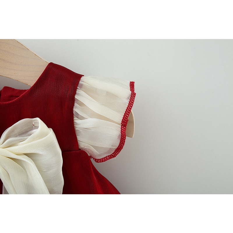 Đầm Công Chúa Vải Voan Cổ Tròn Đính Nơ Màu Đỏ Cho Bé Gái