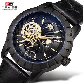 Đồng hồ cơ nam tevise dây da lộ cơ lịch tuần trăng - te32