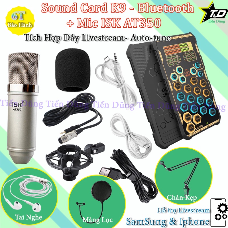 Mic thu âm AT350 Sound Card K9 Tiếng Anh Tích hợp Pin , Autotune Chân Kẹp Màng Tặng Tai Nghe