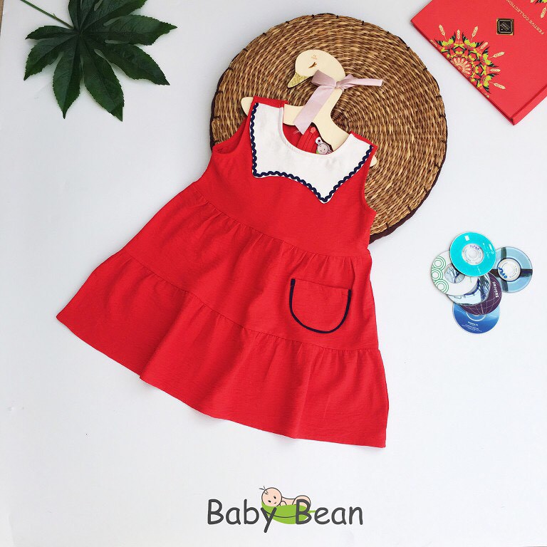 [MÃ THƯƠNG HIỆU YÊU THÍCH Voucher giảm 10%] Đầm Đũi Babydoll 2 tầng Phối Lá Cổ trắng bé gái BabyBean