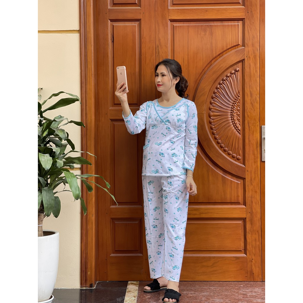 Bộ đồ bầu dài tay mở cúc VIỀN NỔI chất cotton siêu xinh mặc bầu và sau sinh BXK926