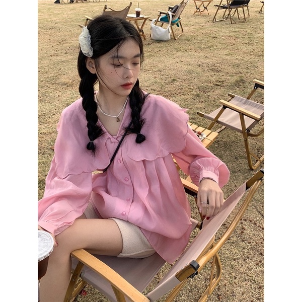 Áo sơ mi voan hồng pastel cổ bèo tay dài ngọt ngào dễ thương ulzzang Hàn Quốc Yannie