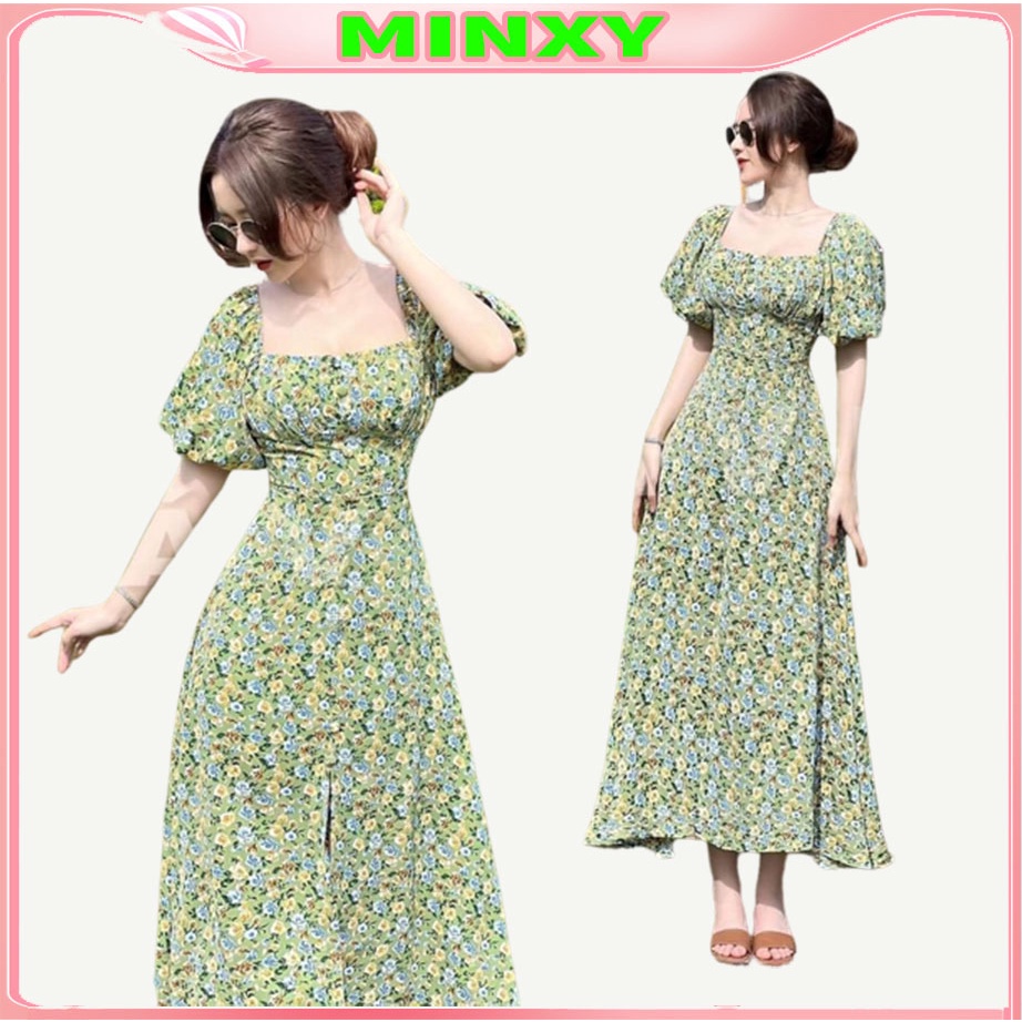 Váy hoa cổ vuông đầm xanh cúc bọc maxi dúm ngực xẻ tà 2 lớp hàng thiết kế sang chảnh-Minxy shop