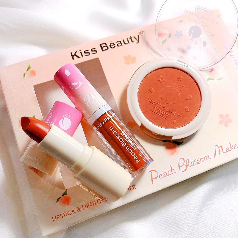 Set Trang Điểm 2 Son 1 Má Hồng Peach Blossom Make Up Kiss Beauty