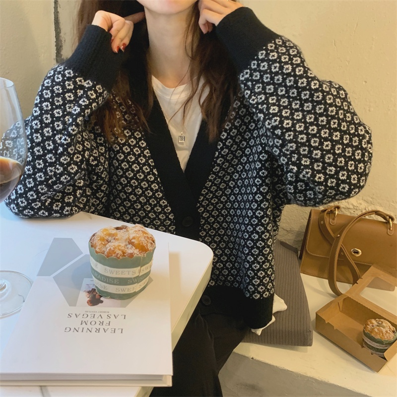 Áo khoác Cardigan dệt kim thời trang 173141Áo len form rộng họa tiết Houndstooth thời trang thu đông