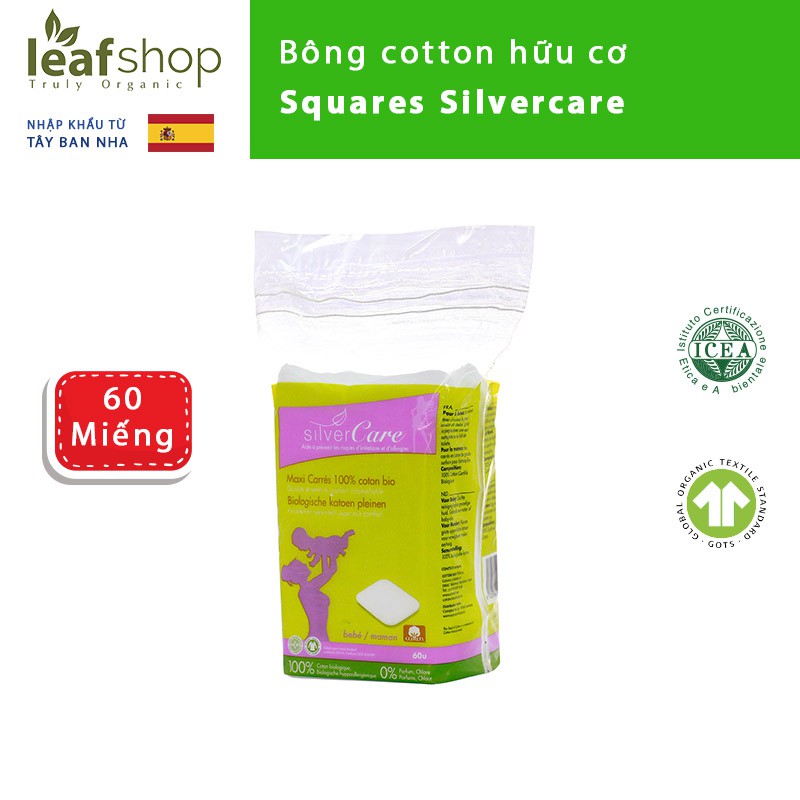 Bông cotton hữu cơ chữ nhật Squares Silvercare 60 miếng