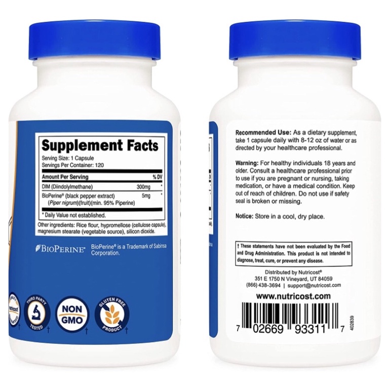Viên chay bổ sung hormone, cân bằng nội tiết tố Estrogen Nutricost DIM 300mg 120 viên USA