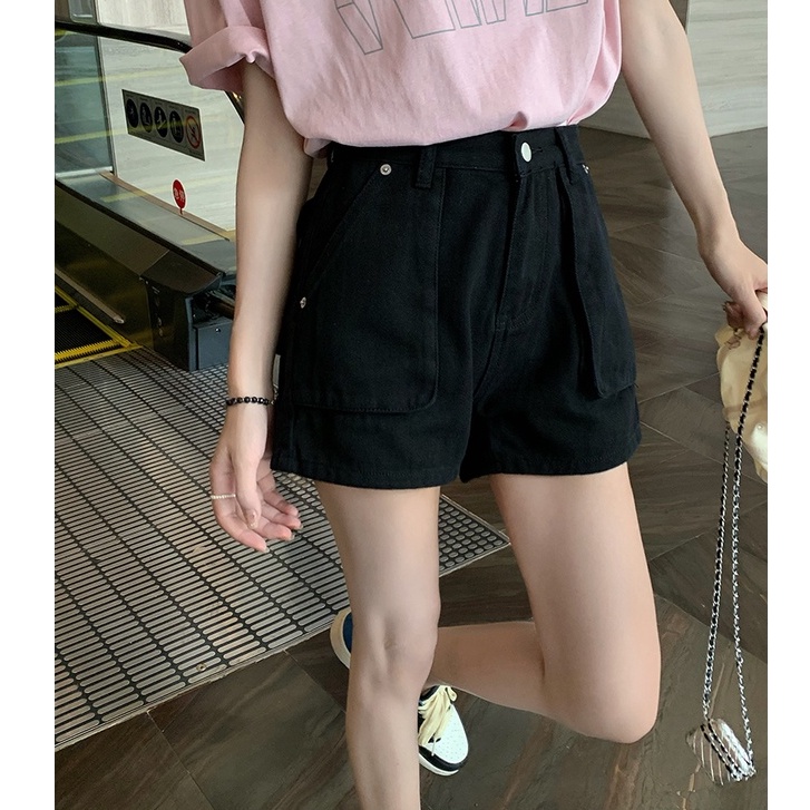 Quần Short Denim Lưng Cao Màu Trơn Thời Trang Hàn Quốc Cho Nữ