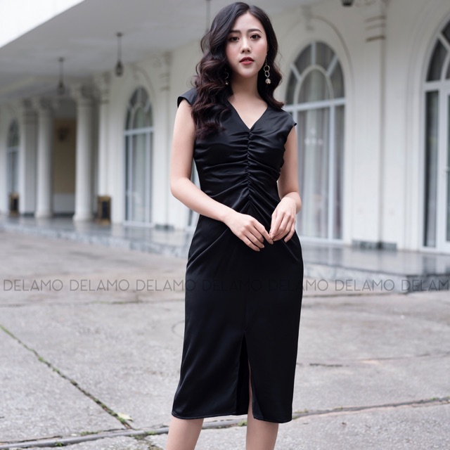 Váy đầm liền ôm cổ v dún thân xẻ trước