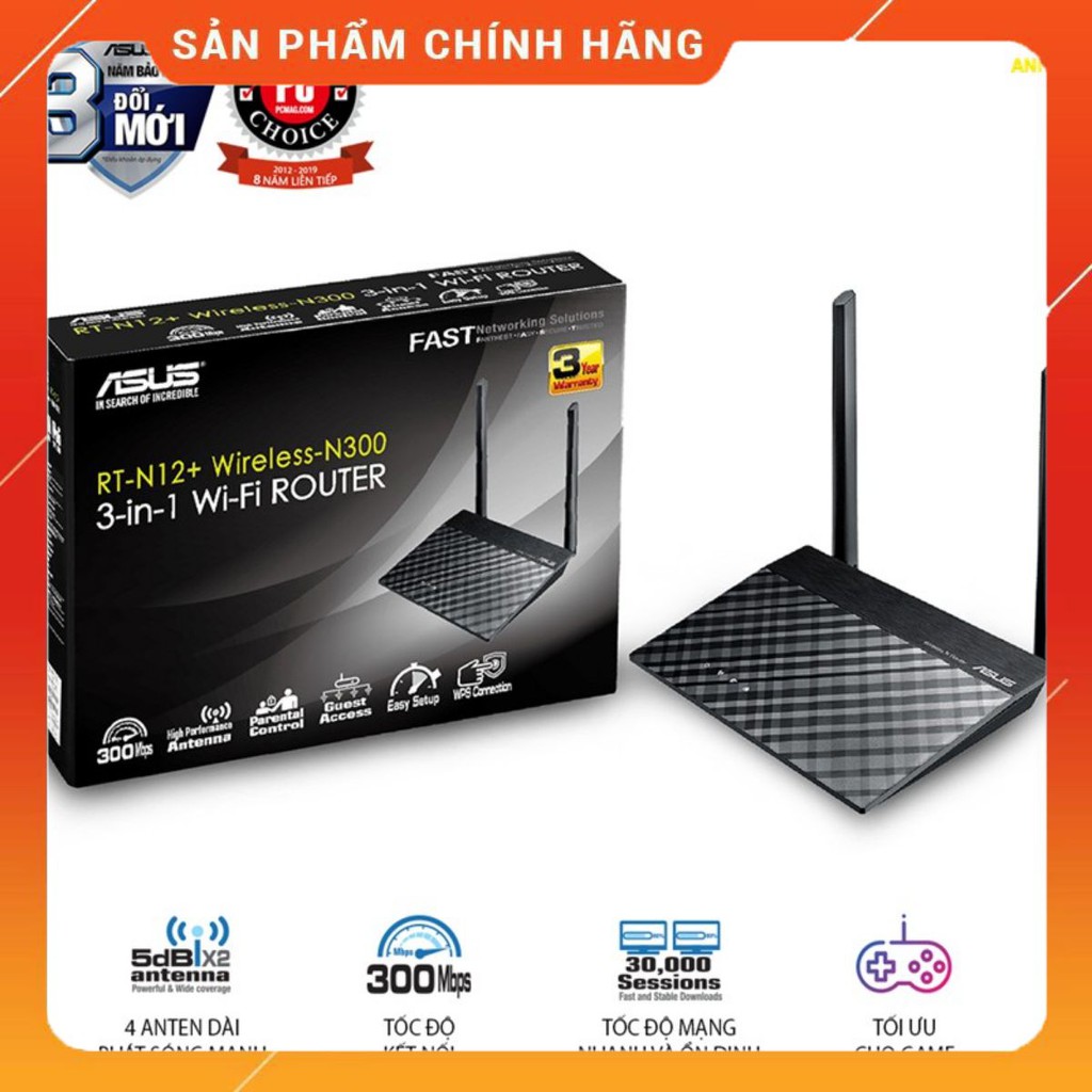 Bộ Phát Wifi Không Dây ASUS RT-N12+ Chuẩn N Tốc Độ 300Mbp - Hàng phân phối chính thức BH 36 tháng