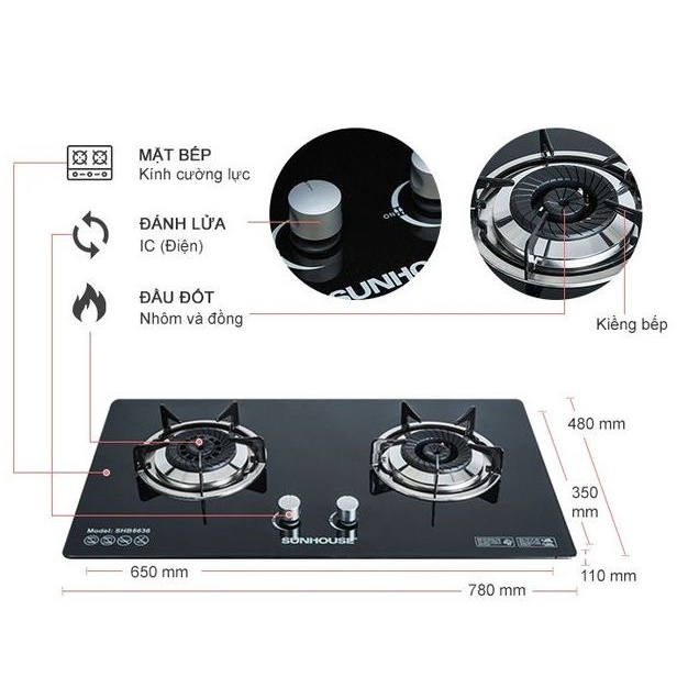 (Mới 100%)Bếp gas âm Sunhouse SHB-6636 Chính Hãng 100%(Tặng dây gas),ngắt gas tự động,đánh lửa IC-Bảo Hành 24 Tháng