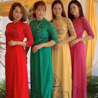 Set áo dài truyền thống in 3D hoa Hồng. Hình thật đính kèm
