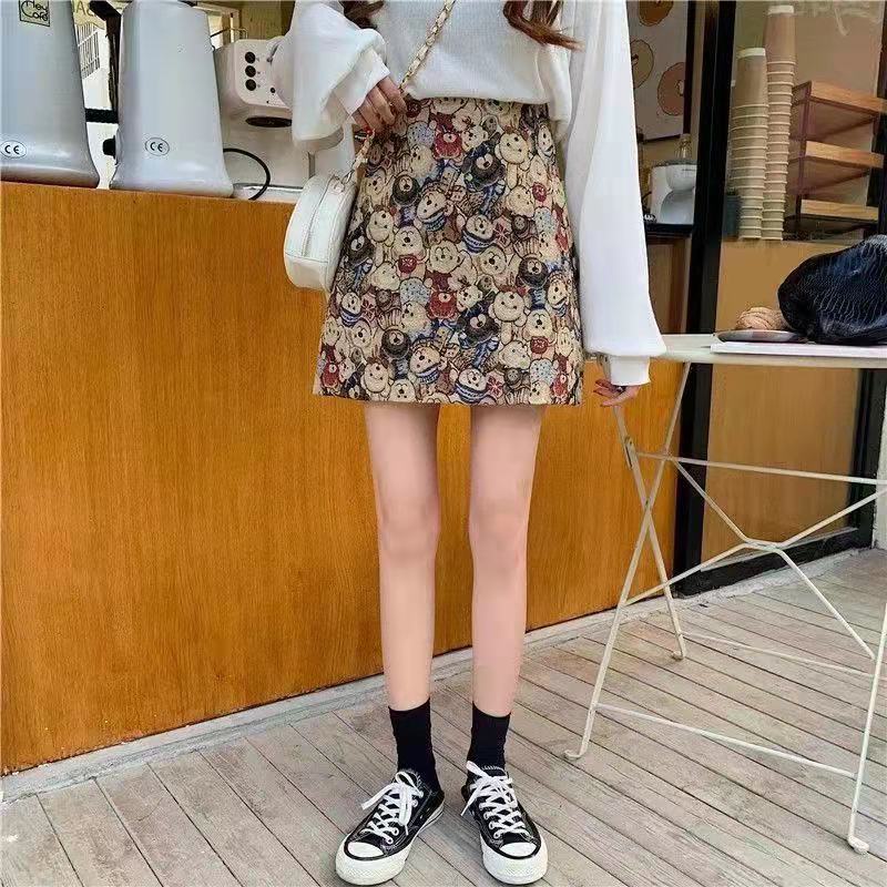 Chân váy lưng cao dáng chữ A phối khóa kéo họa tiết gấu Teddy phong cách retro dễ thương