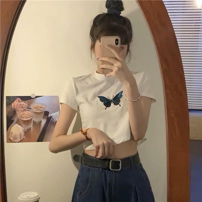 [Mã FADI5K245 giảm 5K đơn bất kì] Áo Croptop Nữ Họa Tiết Thêu Bướm Siêu Xinh ⚡ Áo Nữ Ngắn 2 Màu So Hot