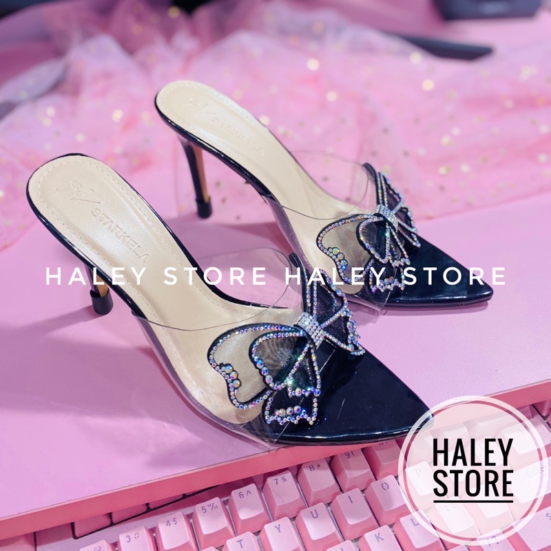 Giày Guốc nữ HALEY STORE cao gót 9p quai trong mũi nhọn đính nơ đá xoàn phale lấp lánh tiểu thư thời trang