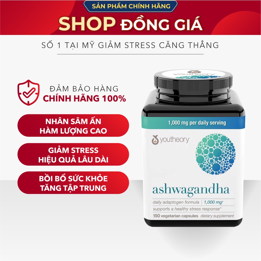 Viên uống giảm stress hỗ trợ bồi bổ sức khỏe nhân sâm Ấn Độ Youtheory Ashwagandha 1000mg 150 viên Của Costco Mỹ