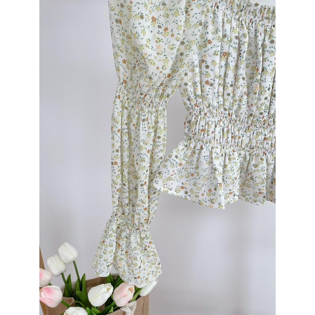 Áo Croptop Voan Hàn Tay Dài Hoa Nhí Vàng Chanh A01
