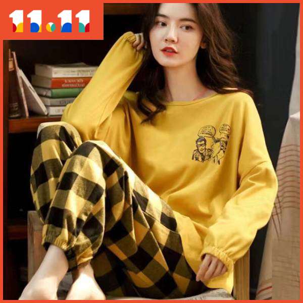 Bộ đồ mặc nhà tay dài dáng rộng phong cách Hàn Quốc dễ thương thời trang xuân thu cho nữ