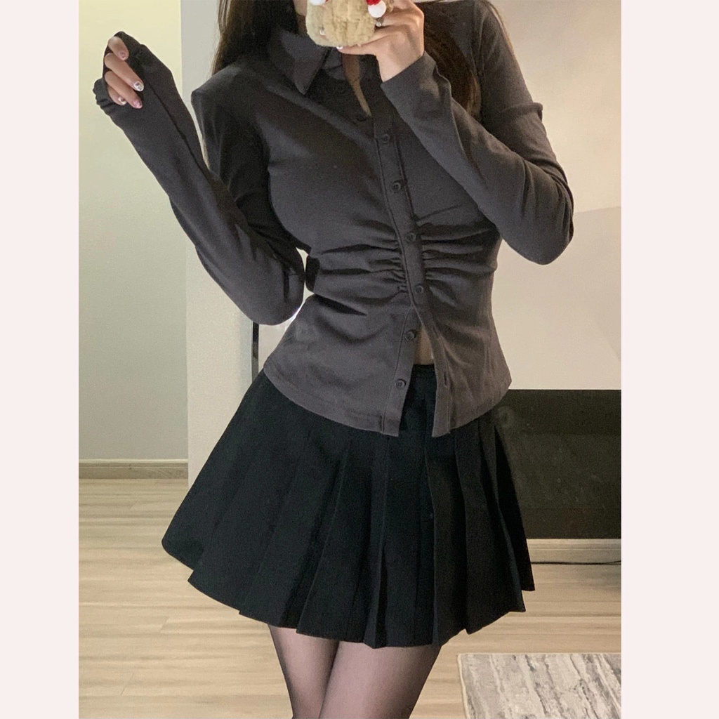 Áo Sơ Mi Tay Dài + Chân Váy Xếp Ly Thời Trang Hàn Quốc Cho Nữ