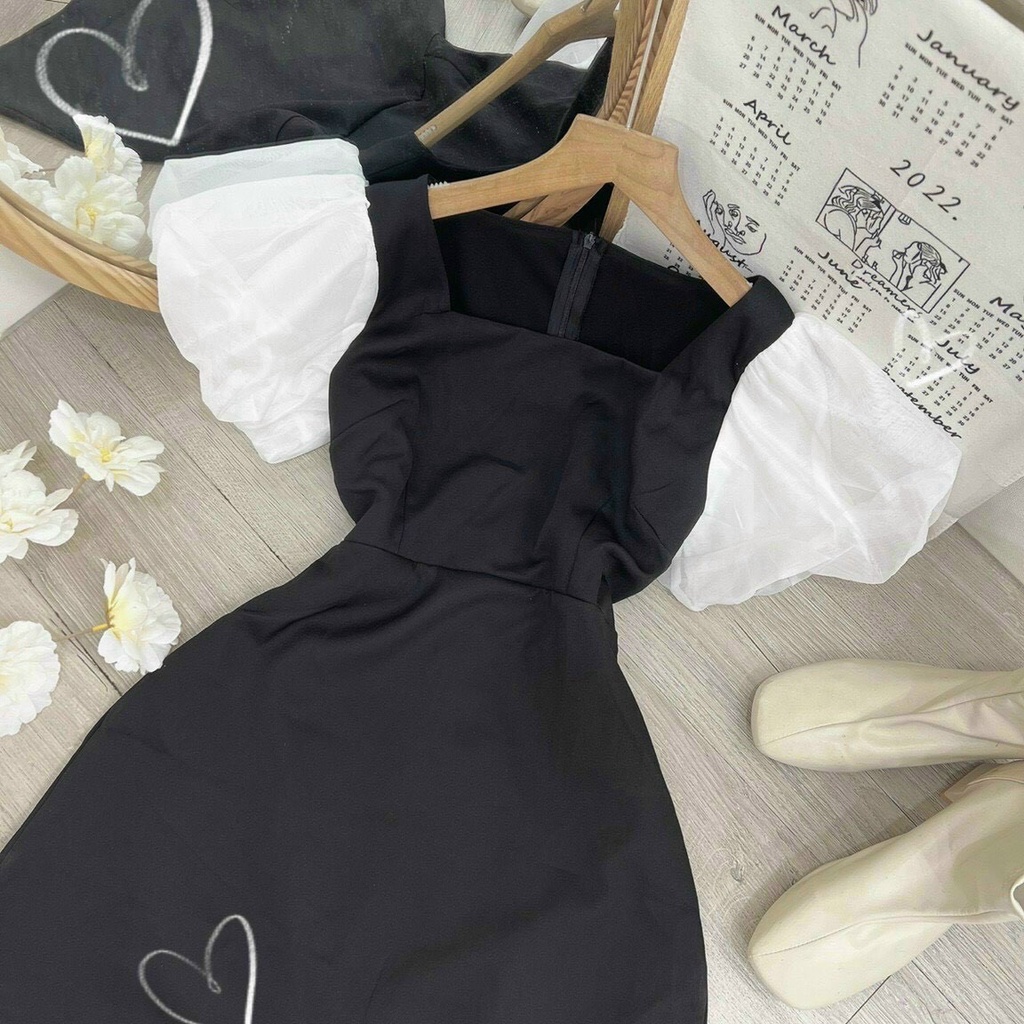 ĐẦM CỔ VUÔNG TAY PHỒNG ĐEN TRẮNG TAY VOAN - GD241