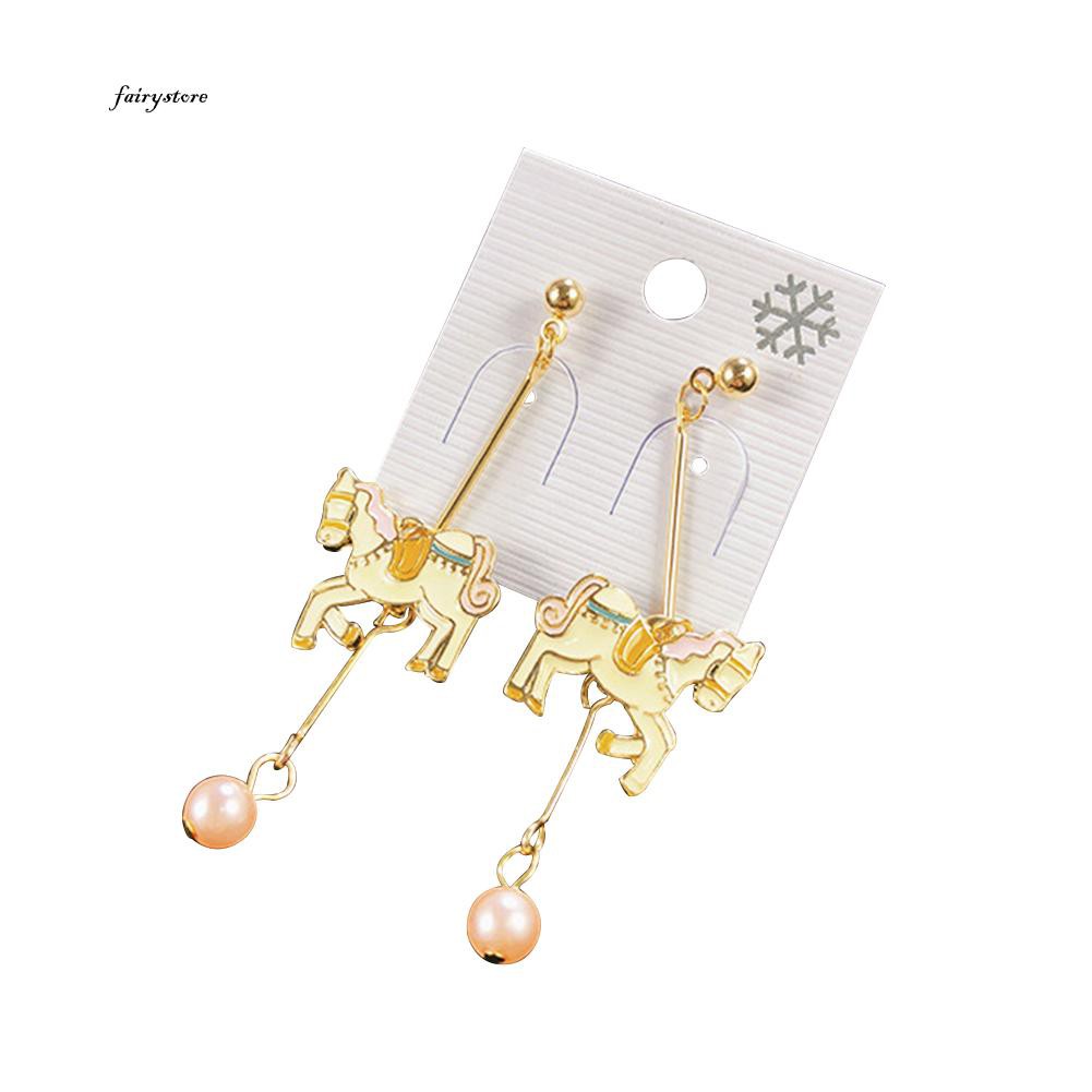 Bông Tai Dài Hình Ngựa Pony Đính Ngọc Trai Giả Dễ Thương Dành Cho Nữ