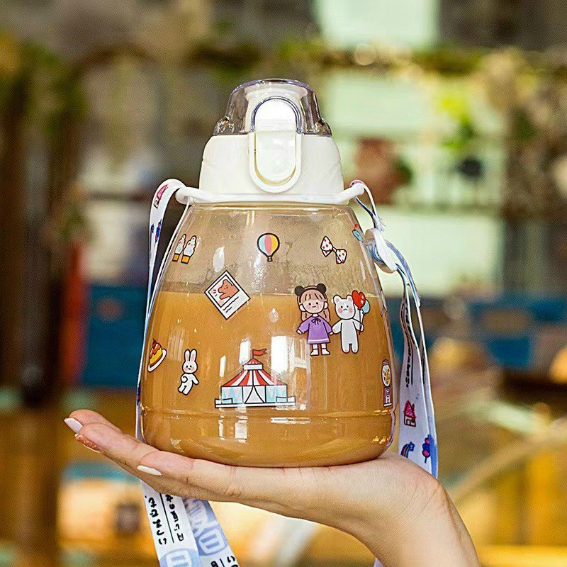Bình nước cute có ống hút kèm sticker dễ thương mang đi làm đi học