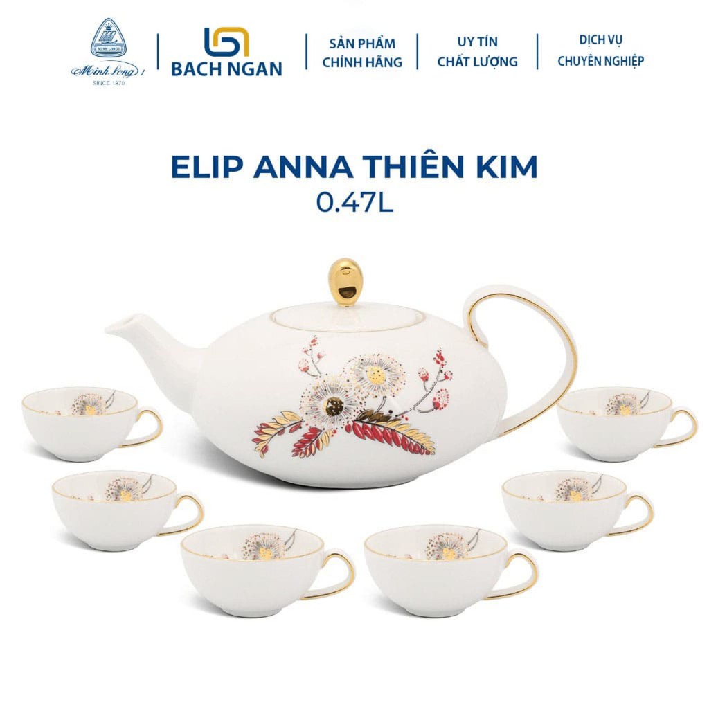Bộ Ấm Trà Gốm Sứ Cao Cấp Minh Long Elip 0.47 L - Anna Thiên Kim hàng đẹp, sang trọng đãi khách, quà tặng - 6 tách