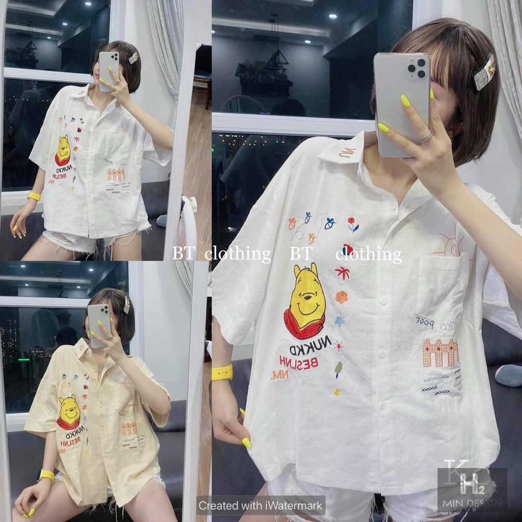 Áo sơ mi thô thêu nhiều hình cute 2 màu(kèm ảnh thật,video)