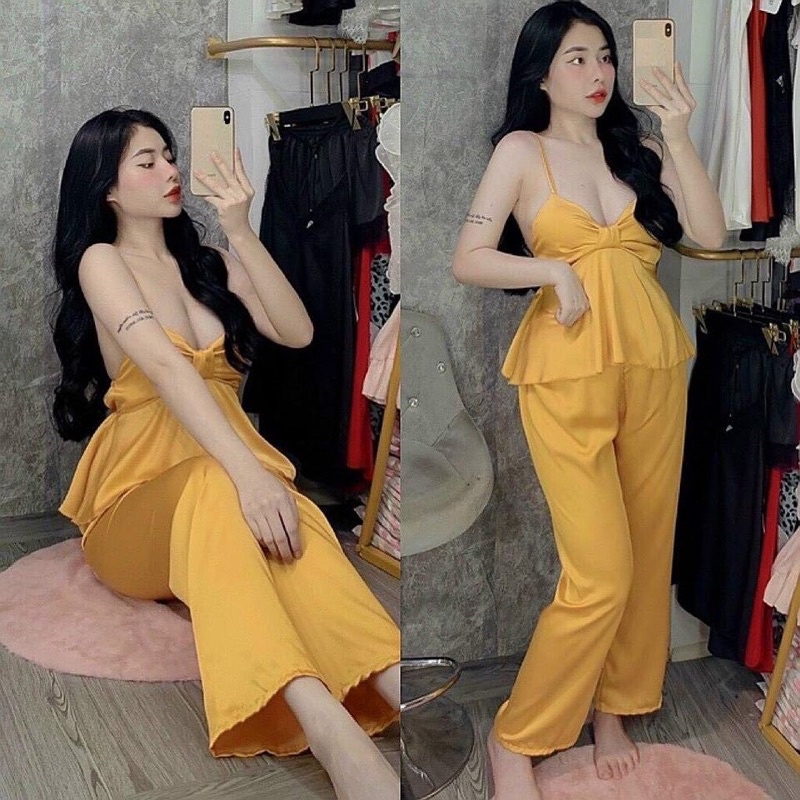 Set bộ ngủ hai dây dài nơ lụa satin cao cấp