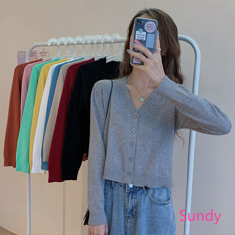 Áo Cardigan Dệt Kim Tay Dài Cổ Chữ V Thanh Lịch