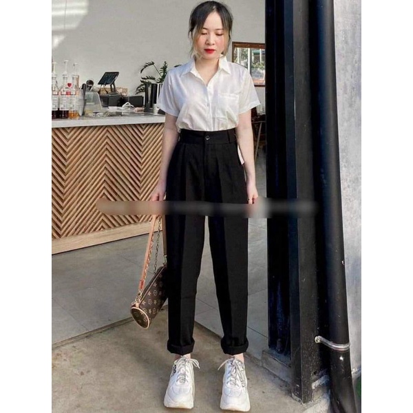 Quần Baggy Cúc giữa Ống Suông KH02, Quần Tây Khuy Giữa Lưng Cao Kiểu Dáng Công Sở Màu Đen Cho Nữ